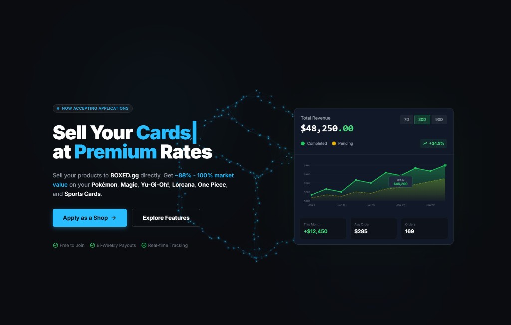 BoxedBuylist marketing hero: sell cards at premium rates to BOXED.gg, with supplier dashboard showing revenue and order trends.
