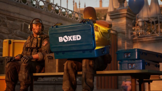 Boxed.gg brand creative: operators opening a glowing BOXED equipment case at sunset—campaign imagery used in paid social and performance contexts.