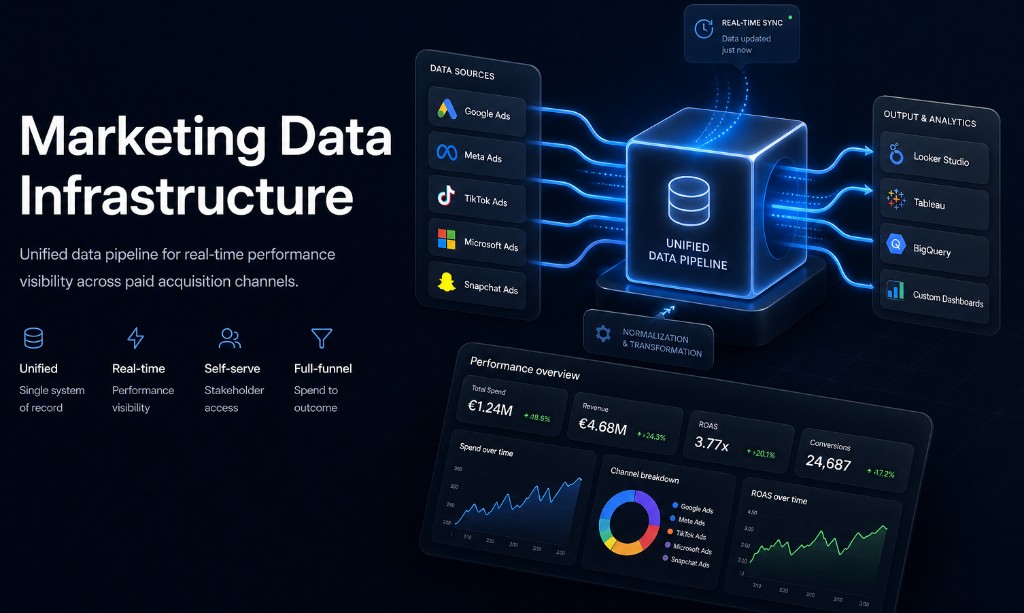 Diagram: paid media sources feeding a unified pipeline with normalization, real-time sync, and outputs to BI tools and dashboards—plus sample performance overview metrics.