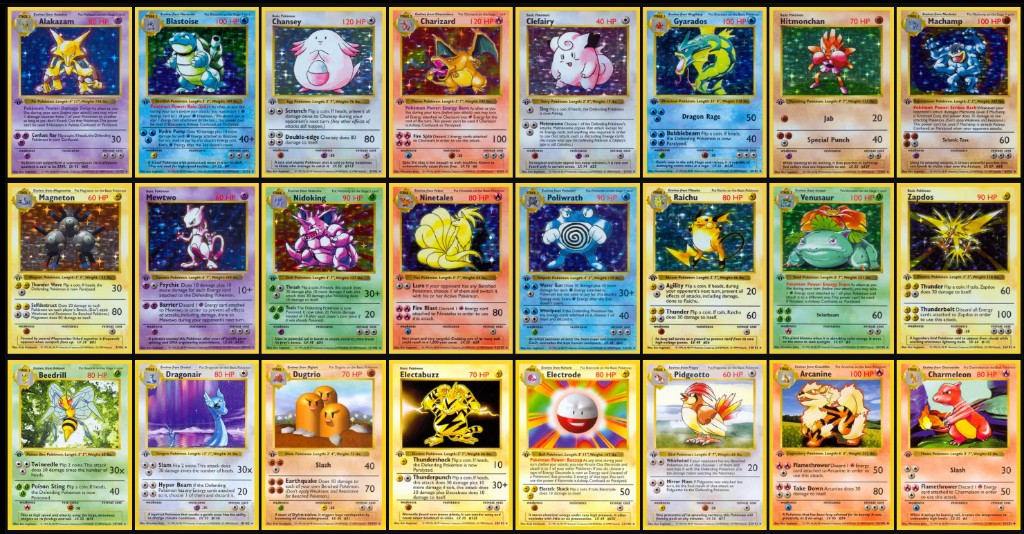 Grid of classic Pokémon Trading Card Game cards on a black background—illustrating the catalog and indexing focus of the platform.