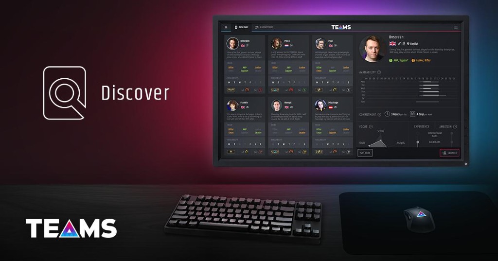 TEAMS.gg promotional visual: Discover feature with desktop monitor showing player profiles, availability, and teammate matchmaking UI.